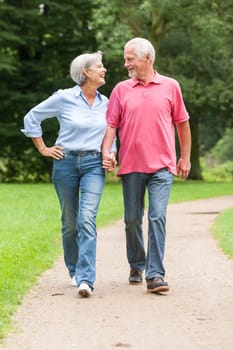 Attractive retired couple on a trip in a park