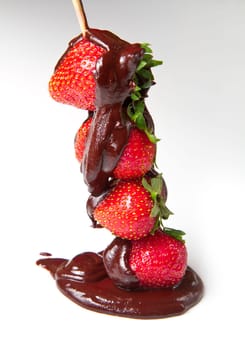 strawberries and chocolate on a white background