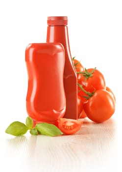 Composition with ketchup and fresh tomatoes isolated on white