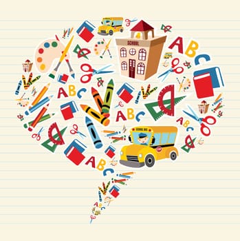 Set of school tools and Supplies composition in social bubble. Vector file layered for easy manipulation and custom coloring.