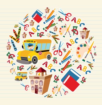 Set of school tools and supplies in circle background. Vector file layered for easy manipulation and custom coloring.