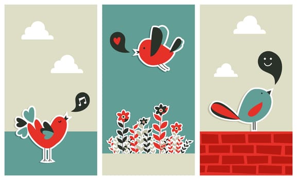 Social media bird with message in speech bubbles banners. Vector file layered for easy manipulation and custom coloring.