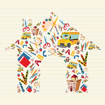 School tools and Supplies set in house shape background. Vector file layered for easy manipulation and custom coloring.