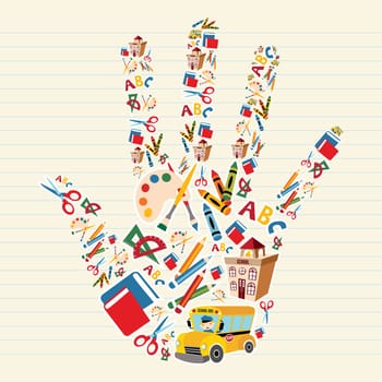 School tools and Supplies in hand shape background. Vector file layered for easy manipulation and custom coloring.