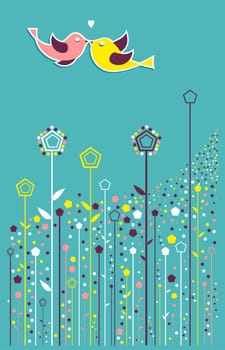 Spring love concept: bird couple fall in love and abstract flowers background. Vector file layered for easy manipulation and custom coloring.