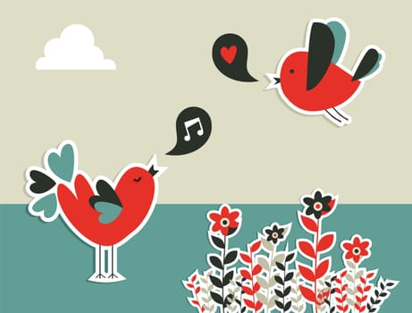 Fresh communication concept: birds with social speech bubble. Vector file layered for easy manipulation and custom coloring.