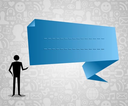 Man with social media speech bubble in marketing presentation. Vector file layered for easy manipulation and custom coloring.