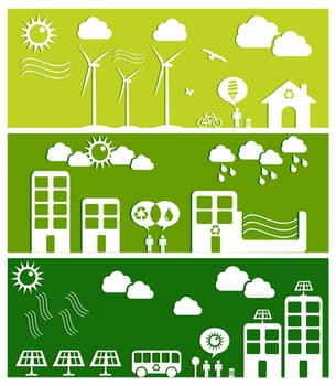Go green city banners. Industry sustainable development with environmental conservation background illustration. Vector file layered for easy manipulation and custom coloring.