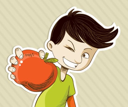 Healthy food, cartoon teenager boy with red apple. Vector file layered for easy manipulation and custom coloring.