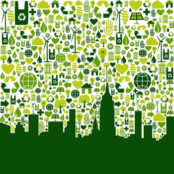 Green icon collection in city silhouette background. Vector file available.
