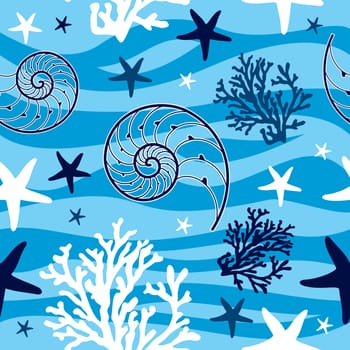 Sea shells and starfish marine seamless pattern background . Vector file layered for easy manipulation and custom coloring.