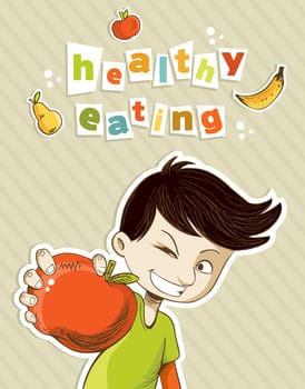 Healthy food, cartoon teenager boy with red apple and fruits. Vector file layered for easy manipulation and custom coloring.