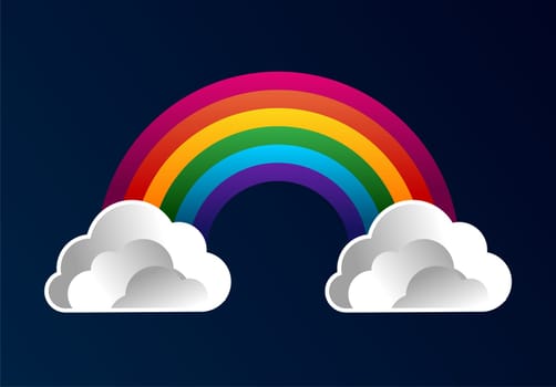 Colorful rainbow with cartoon clouds over blue background. Vector file layered for easy manipulation and custom coloring.