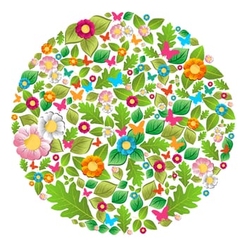 Leaf, flower, butterfly in spring and summer circle. Vector file layered for easy manipulation and custom coloring.