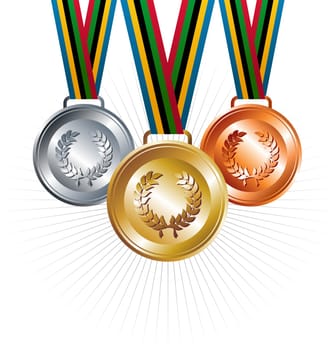Sport gold, silver and bronze medals with ribbon elements set background. Vector file layered for easy manipulation and customisation.