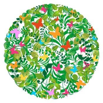 Leaf, flower and butterfly circle composition. Vector file layered for easy manipulation and custom coloring.
