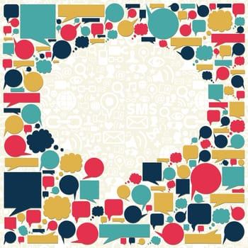 Social media icons texture in talk bubble shape composition background. Vector file available.