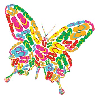 Butterfly shape made with multicolor flip flops isolated over white. Vector file layered for easy manipulation and custom coloring.
