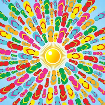 Flip flops icons colors splash and sun background. Vector file layered for easy manipulation and custom coloring.