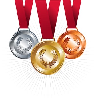 Sport gold, silver and bronze positions with red ribbon set background. Vector file layered for easy manipulation and customisation.