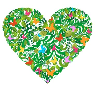 Leaf, flower and butterfly in love heart shape. Vector file layered for easy manipulation and custom coloring.