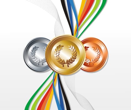 Sport gold, silver and bronze medals with ribbon elements set background. Vector file layered for easy manipulation and customisation.
