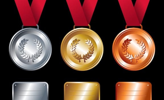 Sport winning positions: Gold, silver and bronze medals with ribbon set background. Vector file layered for easy manipulation and custom coloring.