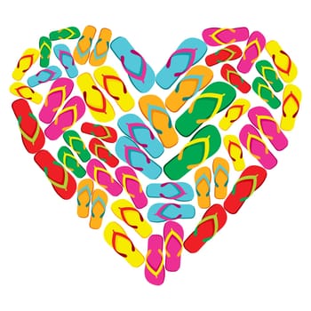 Colorful flip flops in heart shape isolated over white background. Vector file layered for easy manipulation and custom coloring.