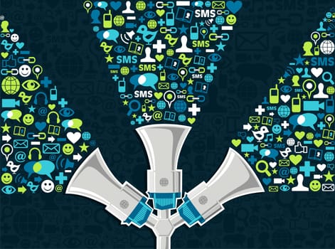Three megaphones throwing social media icons on blue background. Vector file layered for easy manipulation and customisation.
