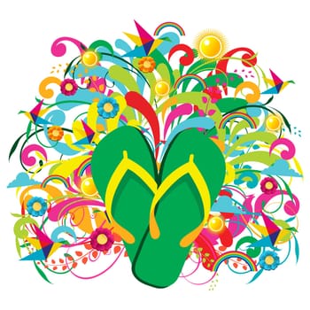 Multicolored Flip flops over summer floral background. Vector file layered for easy manipulation and custom coloring.