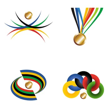 Sport gold medal with ribbon elements set. Vector file layered for easy manipulation and customisation.