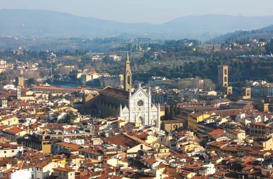 Panoramic view of Florence with The Basilica di Santa Croce in the distance.