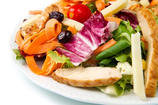 Chicken salad with fresh ingredients in the white bowl