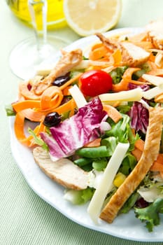Chicken salad with fresh ingredients in the white bowl