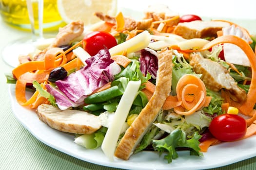 Chicken salad with fresh ingredients in the white bowl