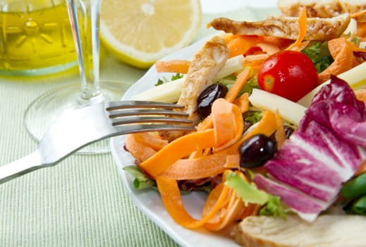 Chicken salad with fresh ingredients in the white bowl