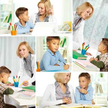 Collage of pretty tutor and diligent pupil doing schoolwork at home