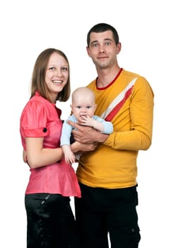 young mom dad keeps baby in her arms on a white background