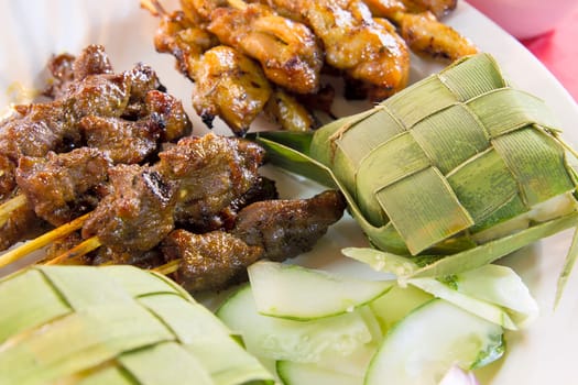 Chicken and Lamb Skewer Satay with Coconut Wrapped Rice Cake and Cucumbers Signature Dish of Singapore and Southeast Asia