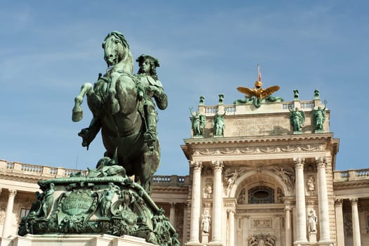 Eugene of Savoy with Hofburg,historic building and landmark of Vienna