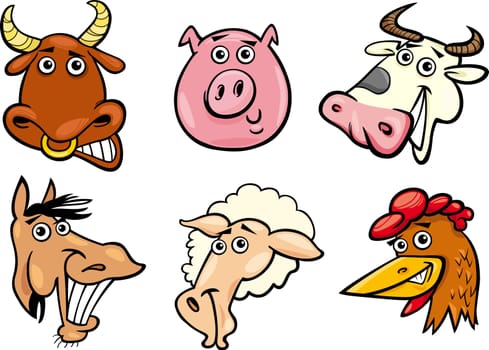 Cartoon Illustration of Different Funny Farm Animals Heads Set: Bull, Pig, Cow, Horse, Sheep and Hen