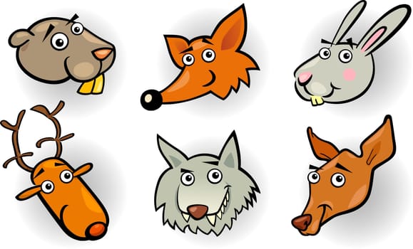 Cartoon Illustration of Different Funny Forest Animals Heads Set: Beaver, Fox, Rabbit or Hare, Deer, Wolf and Doe or Roe