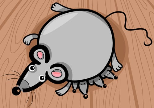 Cartoon Illustration of Cute Gray Mouse Mother with Little Babies on Wooden Floor