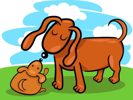 Cartoon Illustration of Cute Little Puppy and his Dog Mom on the Meadow Against Blue Sky