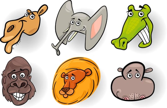 Cartoon Illustration of Different Funny Wild Animals Heads Set: Camel, Crocodile, Gorilla, Elephant, Lion and Hippo