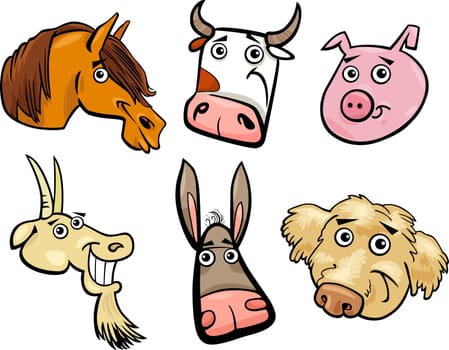Cartoon Illustration of Different Funny Farm Animals Heads Set: Goat, Pig, Cow, Horse, Dog and Donkey