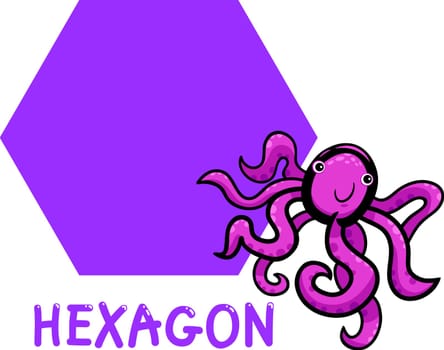 Cartoon Illustration of Hexagon Basic Geometric Shape with Funny Octopus Character for Children Education