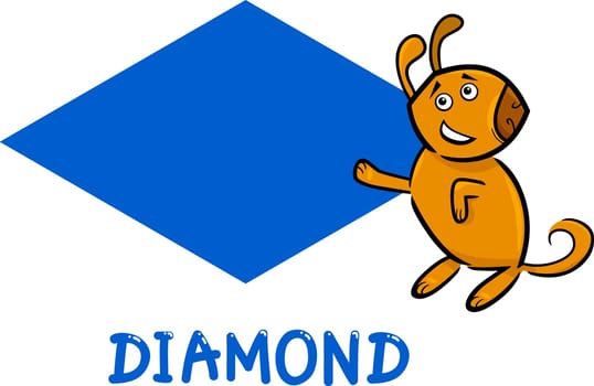 Cartoon Illustration of Diamond or Rhomb Basic Geometric Shape with Funny Dog Character for Children Education