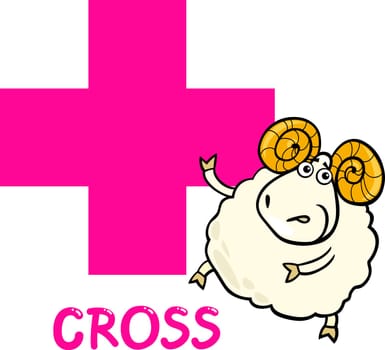 Cartoon Illustration of Cross Basic Geometric Shape with Funny Ram Character for Children Education