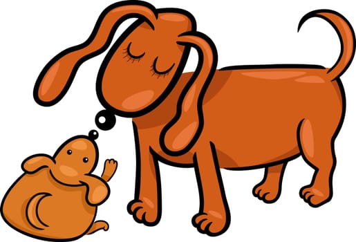 Cartoon Illustration of Cute Little Puppy and his Dog Mom